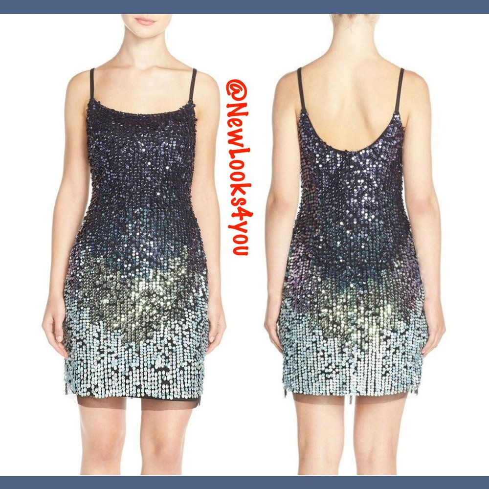 NWT $249 Adrianna‎ Papell Sequin Slipdress Ombre Black Blue Green [SZ 4 ]